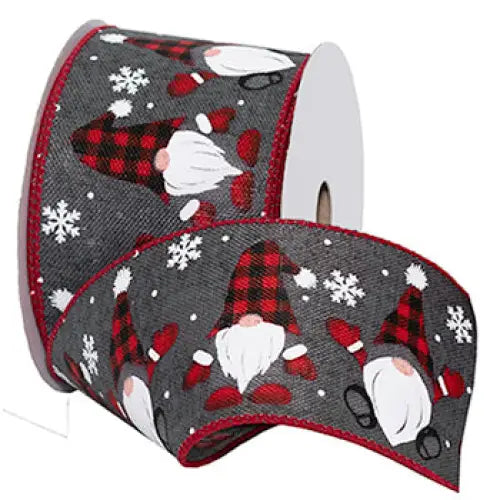 Buffalo Plaid And Gray Gnomes Wired Ribbon - Single Roll