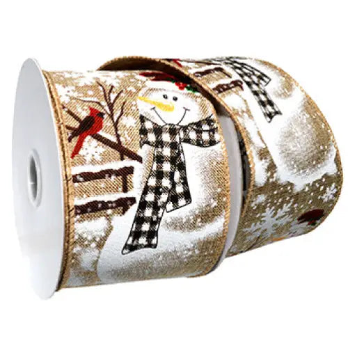 Country Snowmen Wired Ribbon - Single Roll / Natural