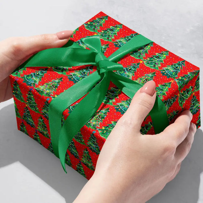 Gift Wrap -Christmas Trees Red - Recycled Fiber