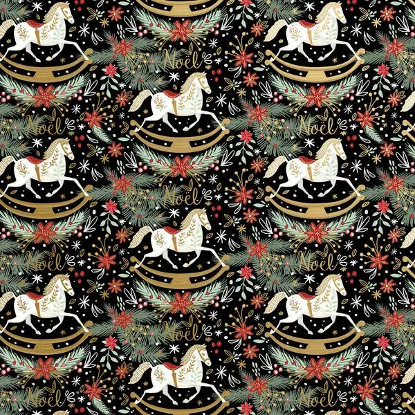 Gift Wrap - Rocking Horse Noel Black - Recycled Fiber