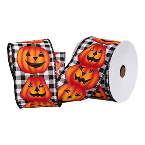 Halloween Checks Wired Ribbon - Orange/Black - Single Roll