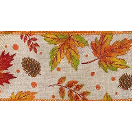 Leaf Burlap Wired Ribbon - Natural/Orange - 7795.10/10-620