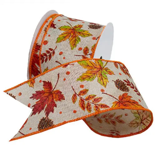 Leaf Burlap Wired Ribbon - Natural/Orange - Single Roll