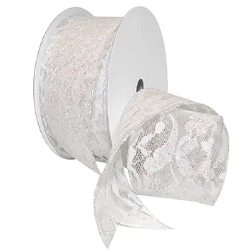 Sabrina Glitter Wired Ribbon - Iridescent White - Single