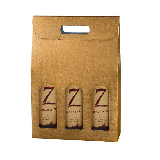 Spun Oro - 3 Bottle Carrier W/ Window - Matte Gold Embossed