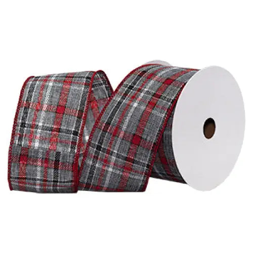 Trend Red Gray Plaid Wired Ribbon - Single Roll