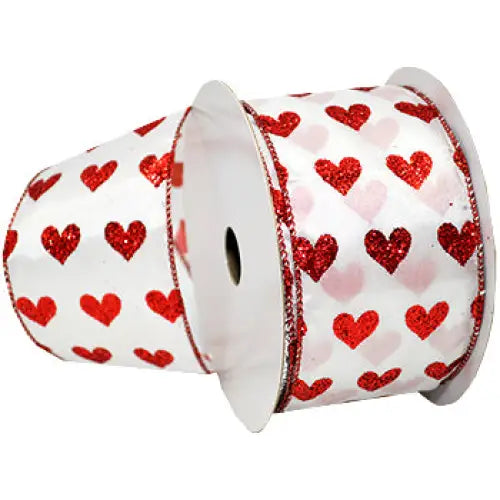 Wired Glittered Satin Valentines Ribbon - Cherished Hearts