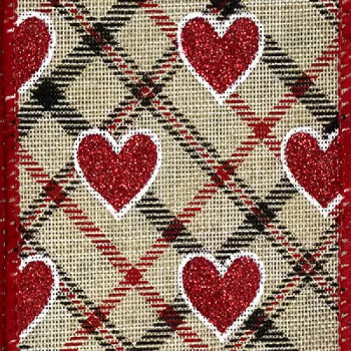 Wired Glittered Valentines Ribbon - Country Plaid - Single