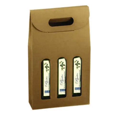 12 oz. Natural Kraft 3 Bottle Olive Oil/Beer Carrier - 7-7/8 x 2-1/2 x 13-1/4  (375 ml) 50/cs - Mac Paper Supply