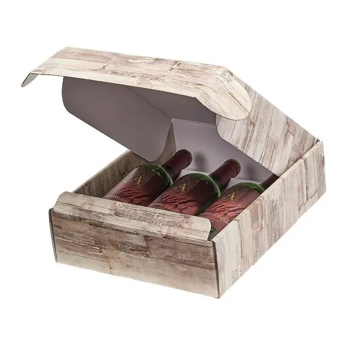 Barn Wood - 3 Bottle Box - Wood Design 11 x 3-1/2 x 13-3/8     30/ctn - Mac Paper Supply