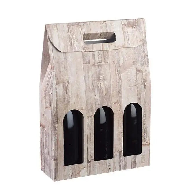Barn Wood - 3 Bottle Carrier - Wood Design   10-5/8 x 3-1/2 x 15    30/cs - Mac Paper Supply