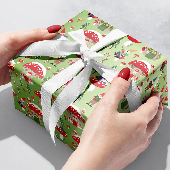 Gift Wrap - Holiday Gnomes - Metallic Green Highlight - QR 