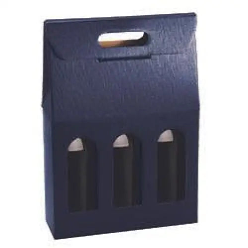 Macpaper Juta Blue 3 Bottle Wine Carrier w Window Mac Paper Supply