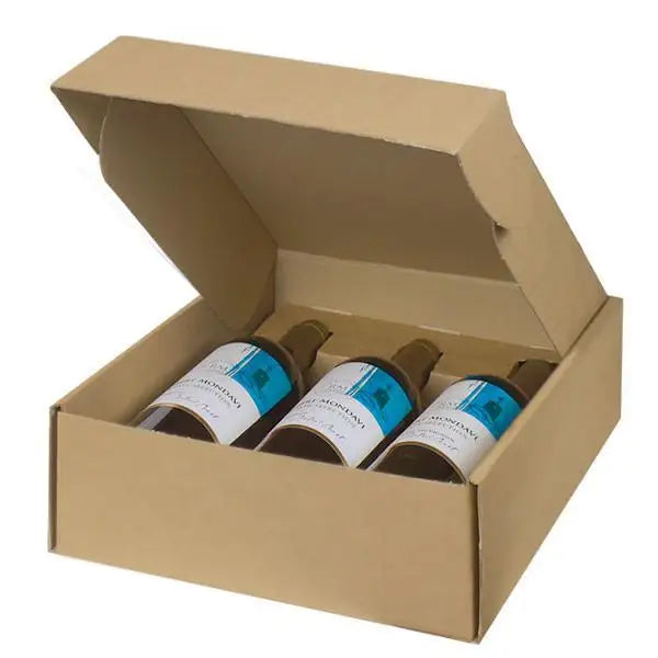 Natural Kraft - 3 Bottle Box - with inserts 11 x 3-1/2 x 13-3/8    30/ctn - Mac Paper Supply