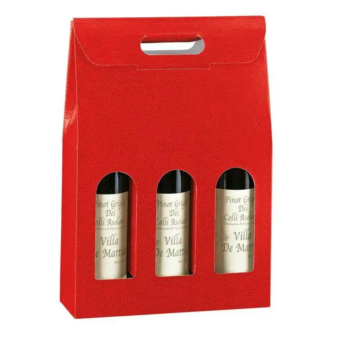 Pelle Rosso - 3 Bottle Carrier - Red Pebble Embossed 10-5/8 x 3-1/2 x 15     30/cs - Mac Paper Supply