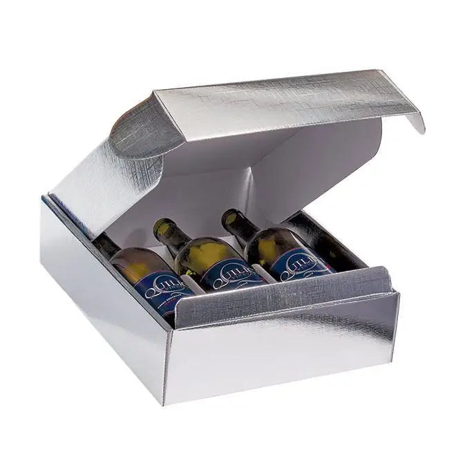Seta Argento - 3 Bottle Box - Silver Linen Foil Embossed 11 x 3-1/2 x 13-3/8     30/ctn - Mac Paper Supply