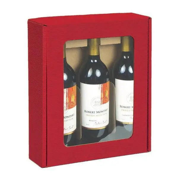Window Red 3 Bottle Box - 11-3/8 x 13-1/8 x 3-1/2  - Red Textured Rib (Eflute) with Wine Insert    10/ctn - Mac Paper Supply